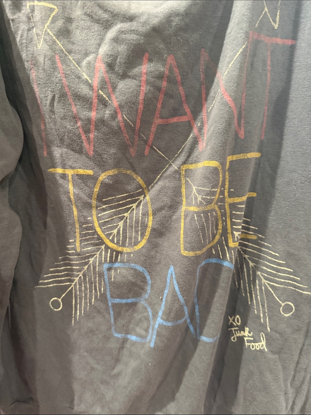 Junk Food Clothing Black Long Sleeve Graphic Tee with Red, Yellow & Blue Print